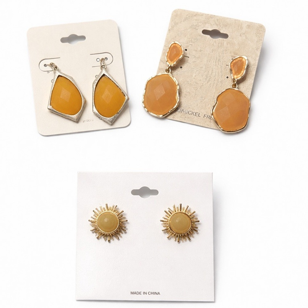 Lot of 3 Statement Earrings – Yellow & Gold Tone | Dangle + Stud